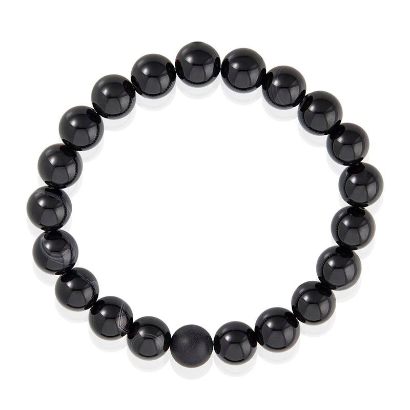 Polished Black Banded Agate and Black Matte Onyx 10mm Natural Stone Bead Stretch Bracelet