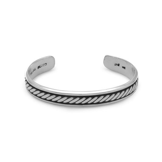 925 Sterling Silver Oxidized Men's 10mm Cuff Bracelet with Rope Design