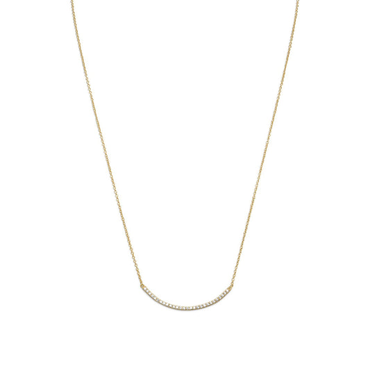 925 Sterling Silver 18 Inch + 2 Inch 14 Karat Gold Plated Curved CZ Bar Necklace