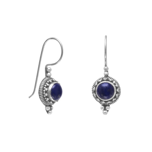 925 Sterling Silver Round Lapis Bead/Rope Edge Earrings on French Wire