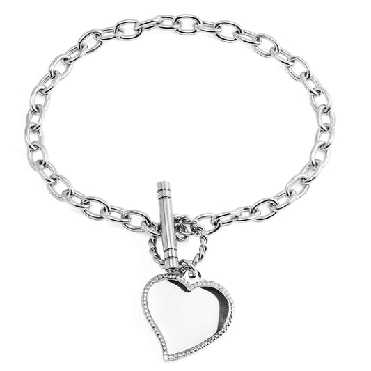 ELYA Women's Polished Heart Charm Cable Chain Link Stainless Steel Bracelet