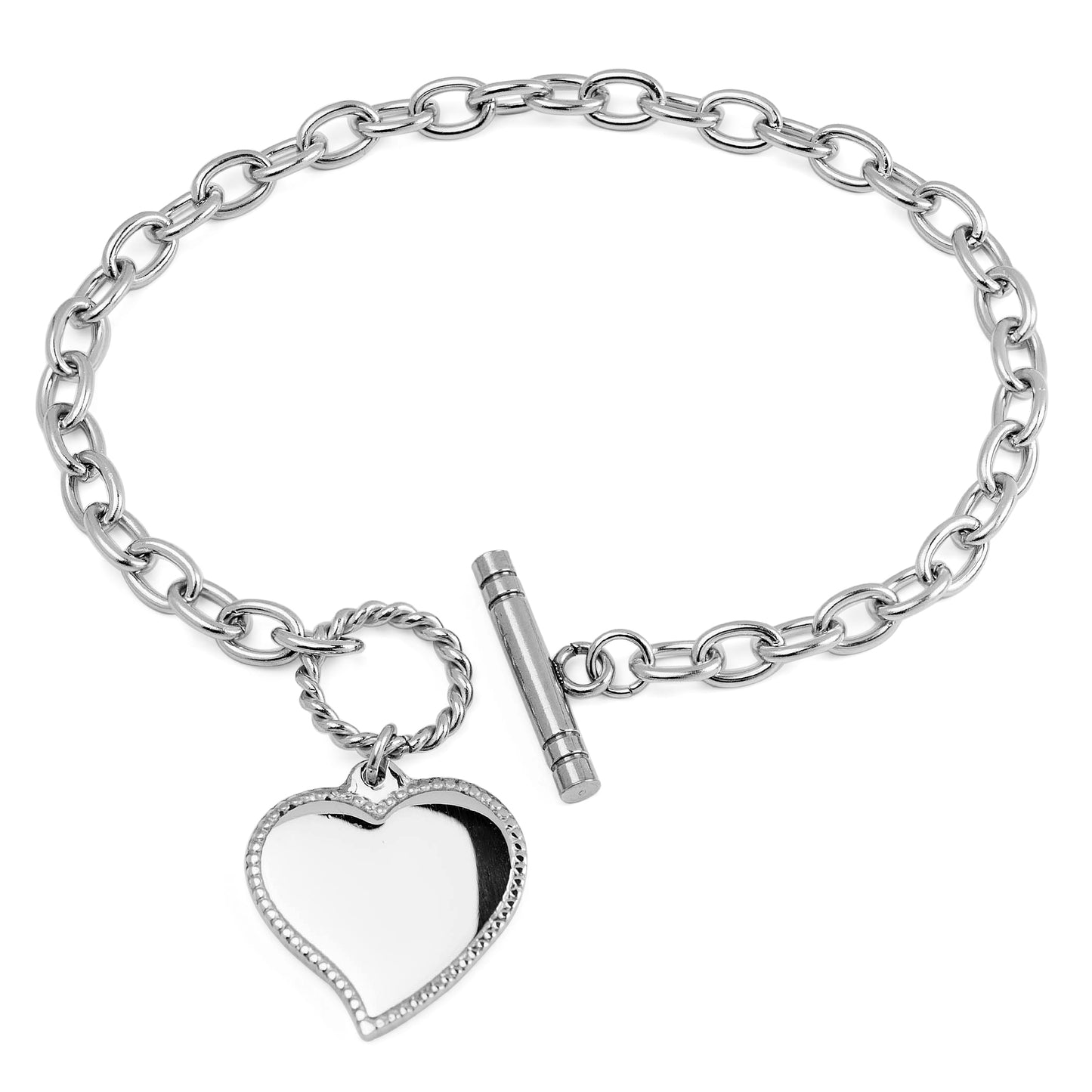 ELYA Women's Polished Heart Charm Cable Chain Link Stainless Steel Bracelet