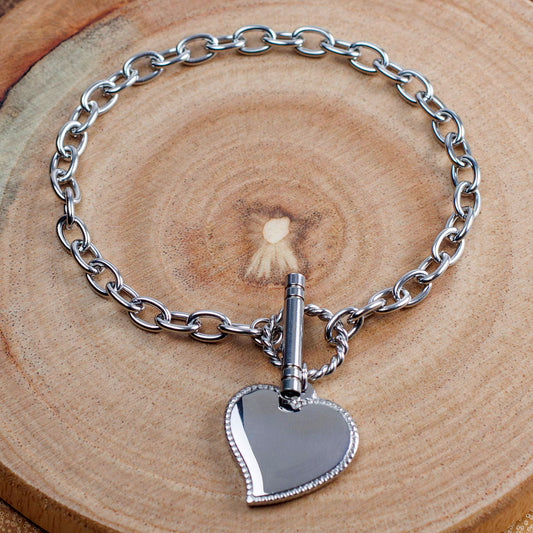 ELYA Women's Polished Heart Charm Cable Chain Link Stainless Steel Bracelet