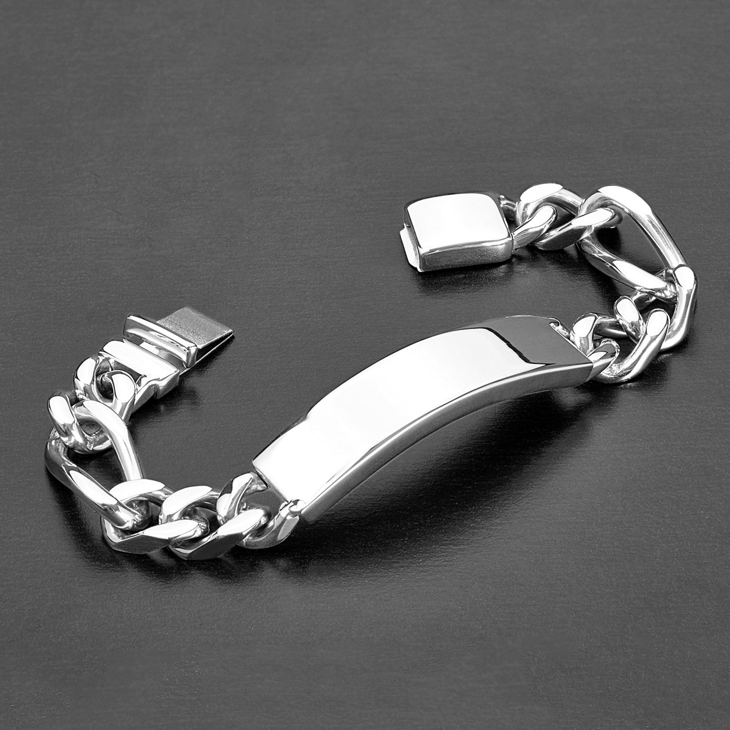Stainless Steel Engravable Heavy ID Figaro Chain Bracelet (14 mm) - 8"