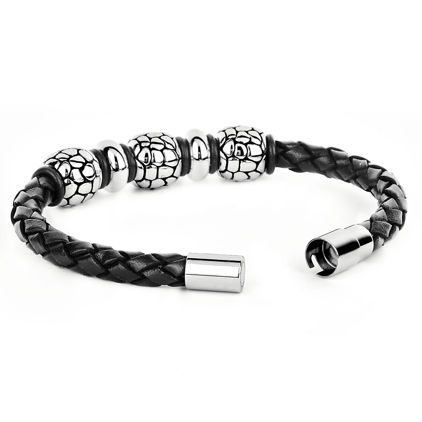 Stainless Steel Cobblestone Pattern Beaded Black Braided Leather Bracelet (8mm) - 8.25"