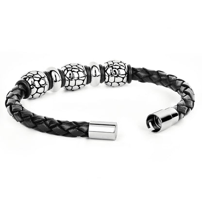 Stainless Steel Cobblestone Pattern Beaded Black Braided Leather Bracelet (8mm) - 8.25"