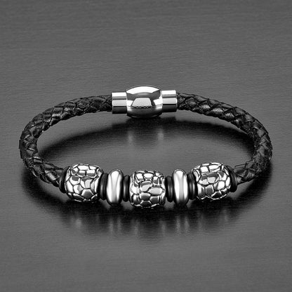 Stainless Steel Cobblestone Pattern Beaded Black Braided Leather Bracelet (8mm) - 8.25"