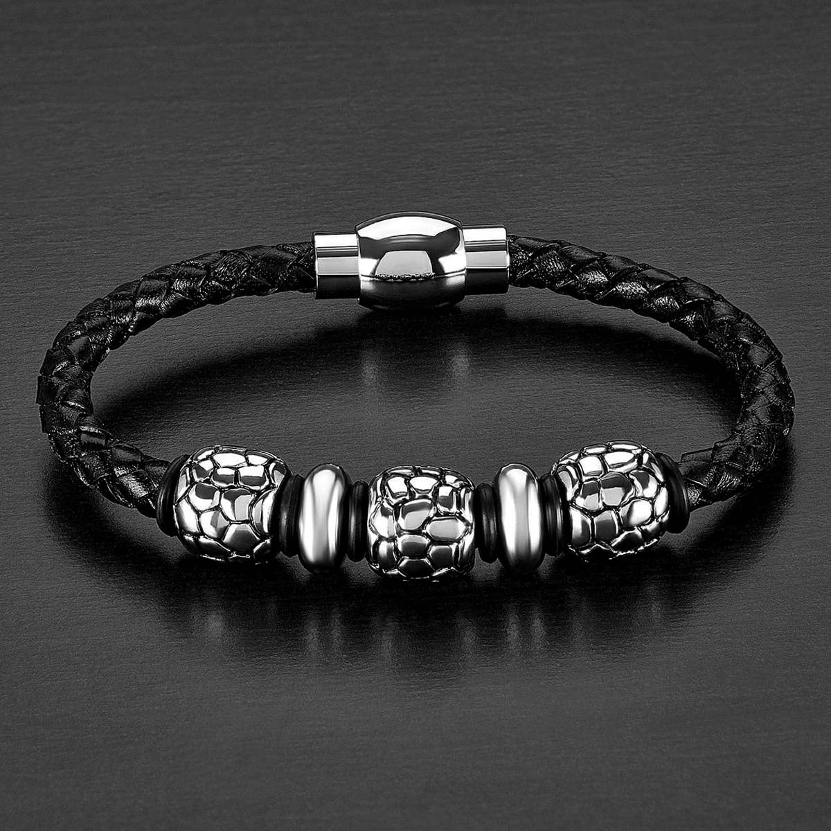 Crucible Jewelry Stainless Steel Beaded Black Braided Leather Bracelet (13 mm)