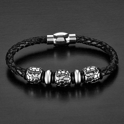 Crucible Jewelry Stainless Steel Beaded Black Braided Leather Bracelet (13 mm)