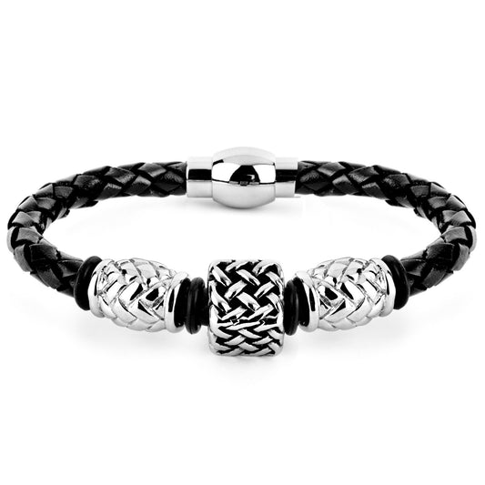 Stainless Steel Lattice Square Beaded Black Braided Leather Bracelet (8mm) - 8"
