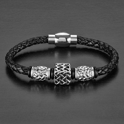 Stainless Steel Lattice Square Beaded Black Braided Leather Bracelet (8mm) - 8"