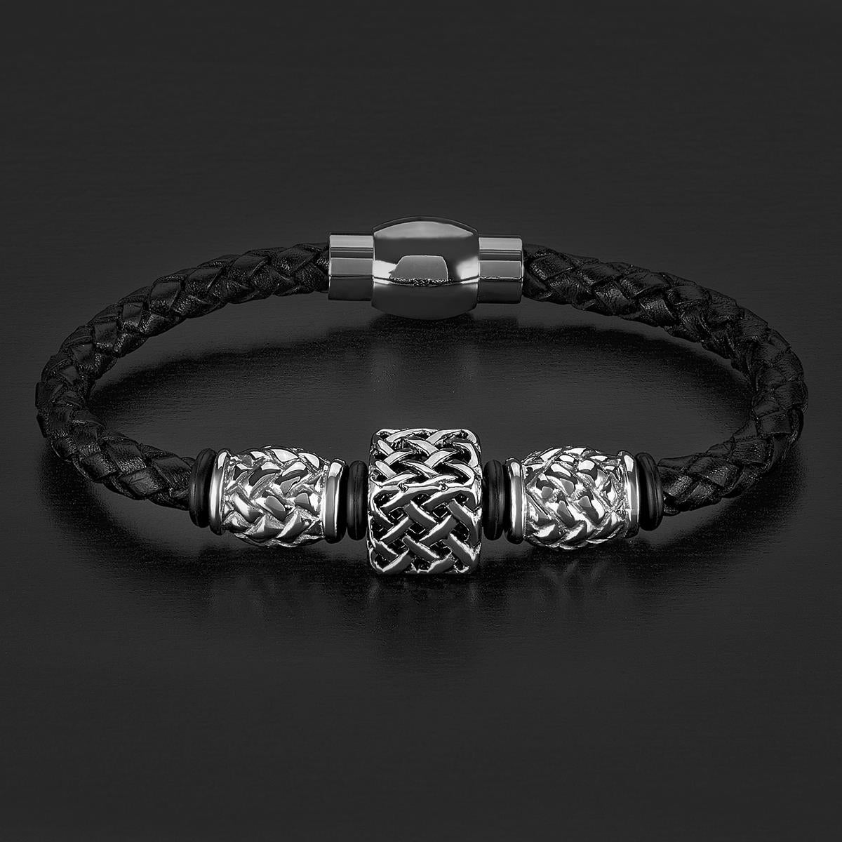 Crucible Jewelry Stainless Steel Square Beaded Black Braided Leather Bracelet (12 mm)