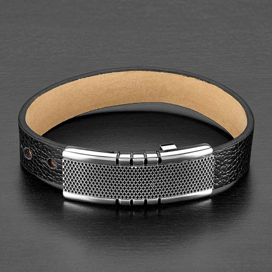 Men's Stainless Steel Criss Cross Buckle Black Leather Bracelet (14mm)
