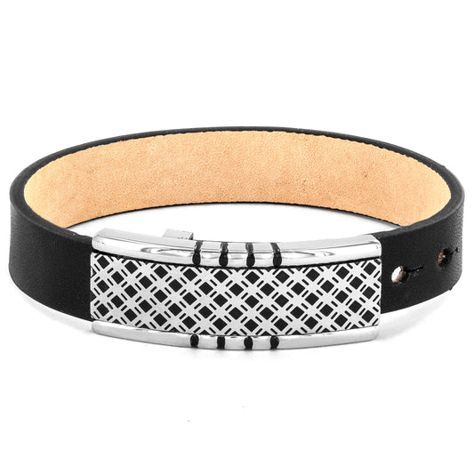 Men's Stainless Steel Lattice Buckle Black Leather Bracelet (14mm)