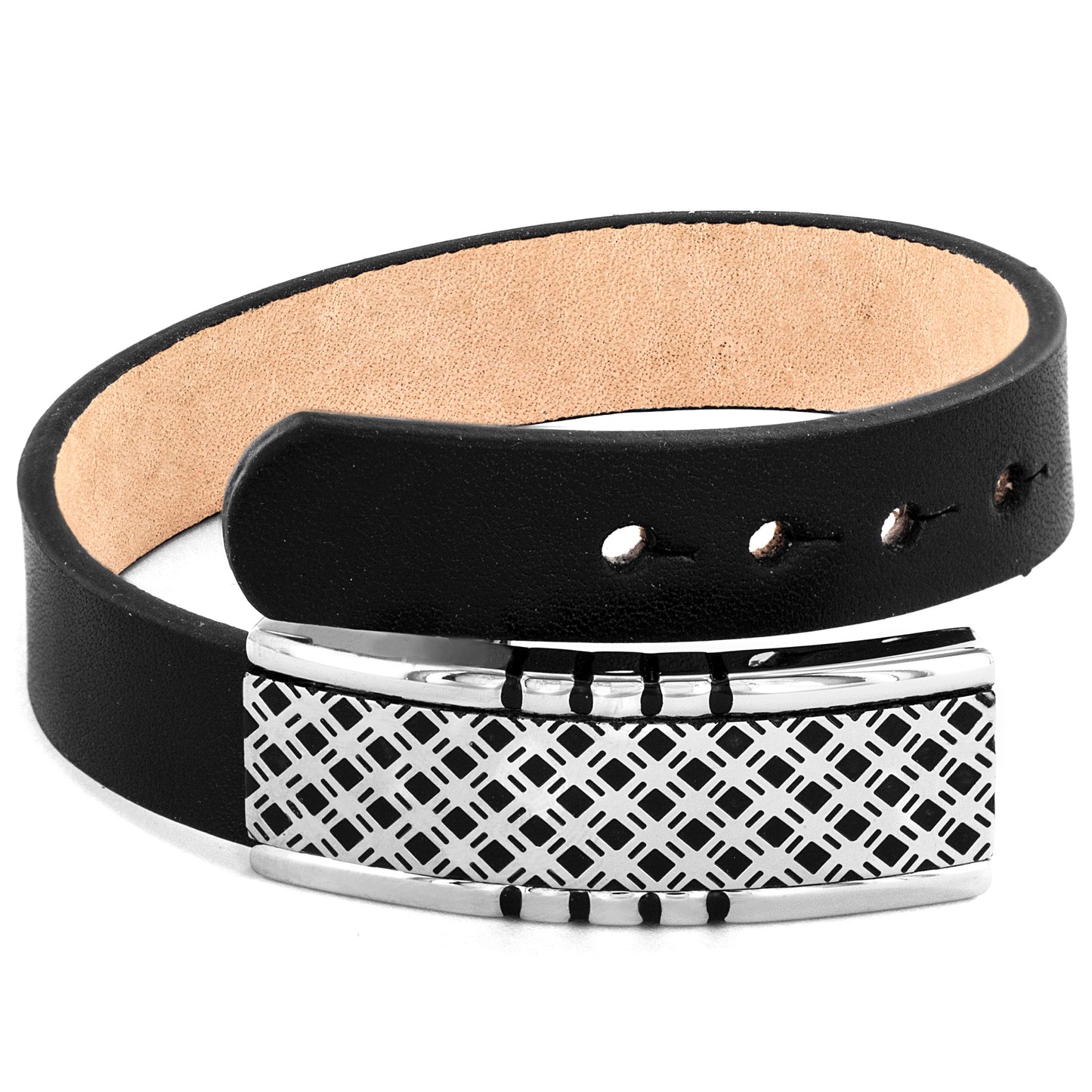 Men's Stainless Steel Lattice Buckle Black Leather Bracelet (14mm)