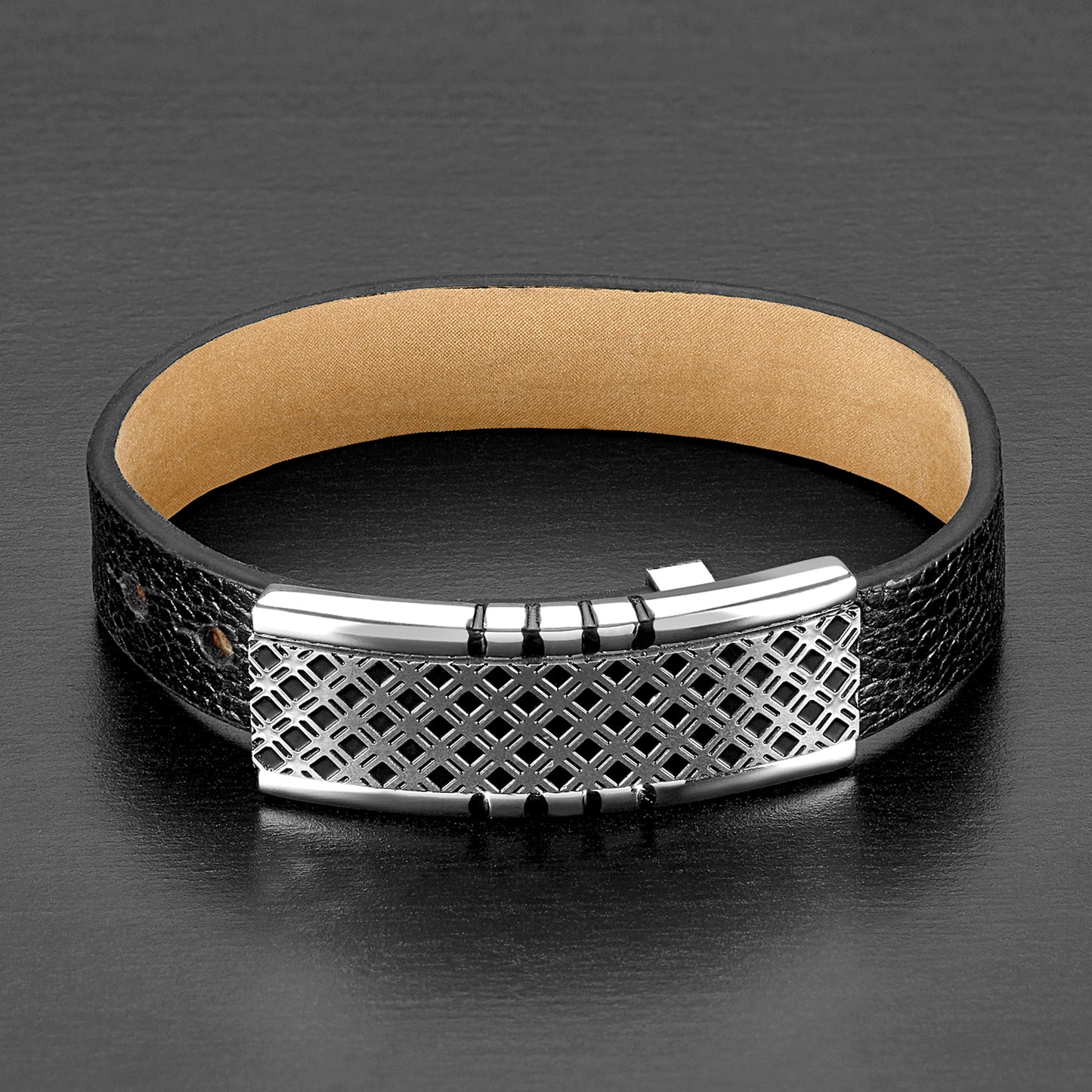 Men's Stainless Steel Lattice Buckle Black Leather Bracelet (14mm)