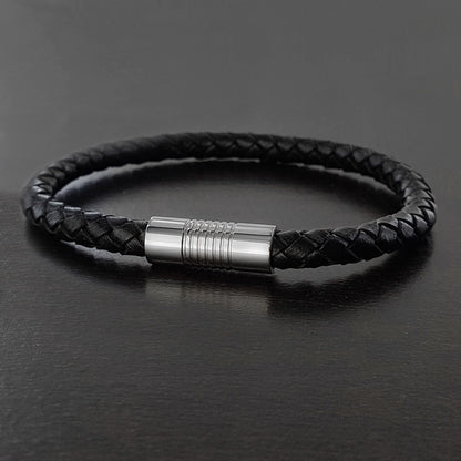 Men's Stainless Steel Black Braided Leather Bracelet