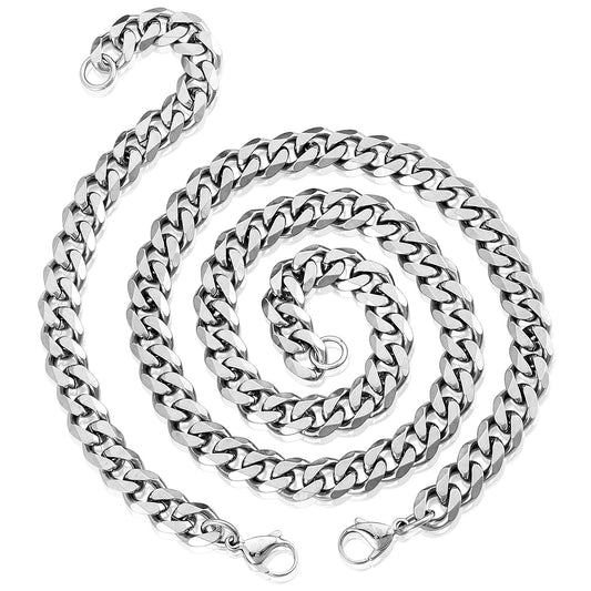 Men's Cuban Curb Stainless Steel Bracelet and Necklace Chain Set - (10mm)