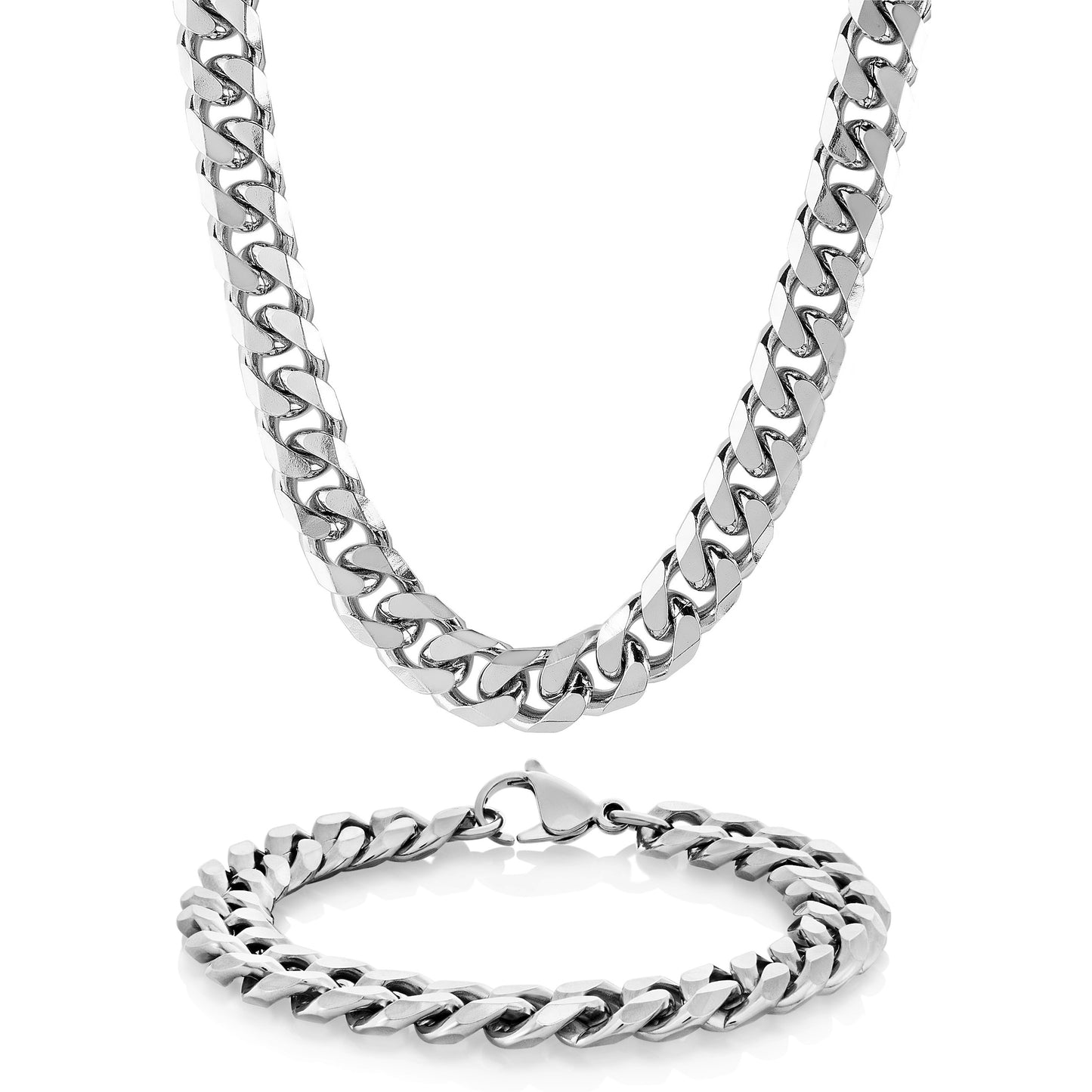 Men's Cuban Curb Stainless Steel Bracelet and Necklace Chain Set - (10mm)