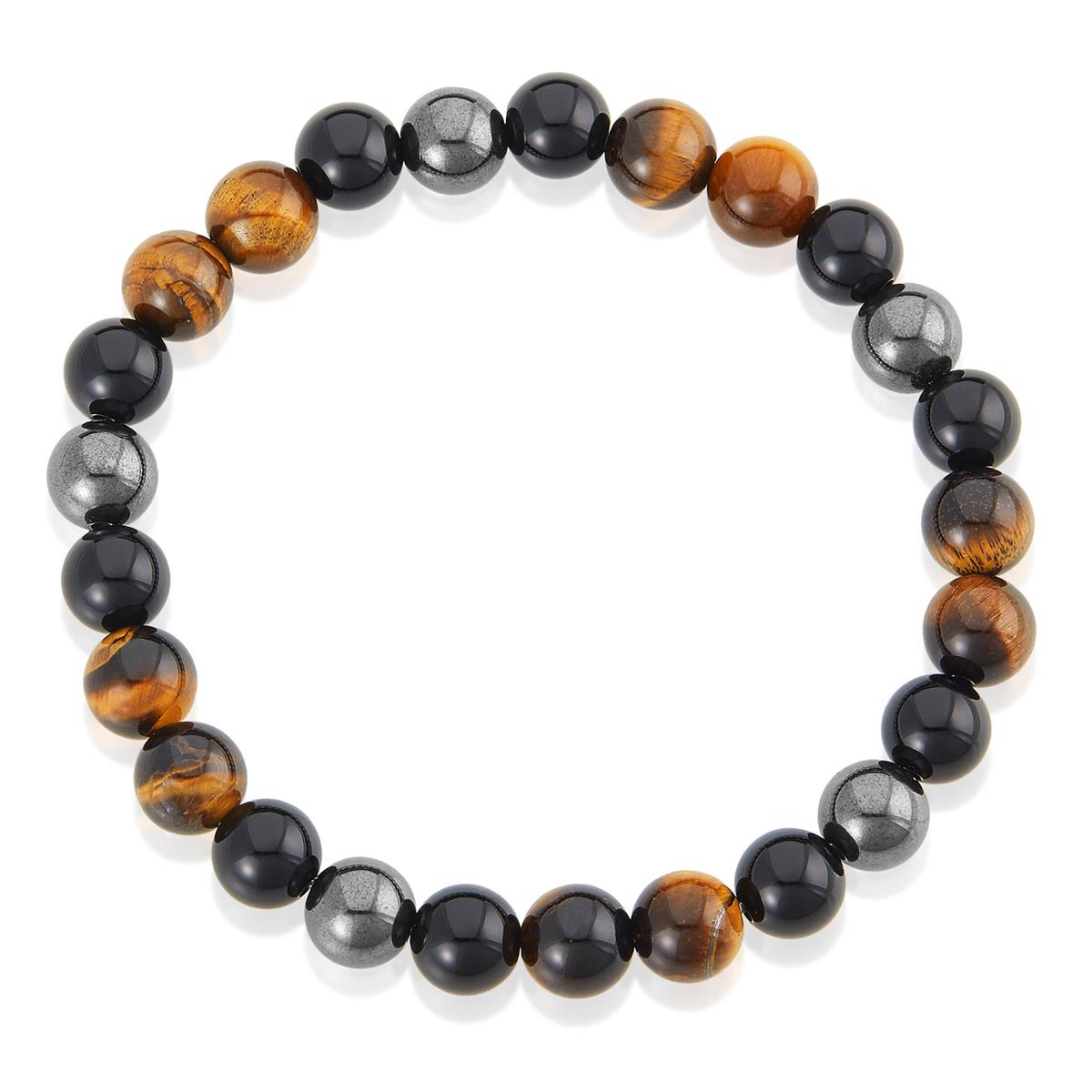 Crucible Jewelry 8mm Bead Stretch Bracelet Featuring Tiger Eye, Shiny Black Onyx and Magnetic Hematite