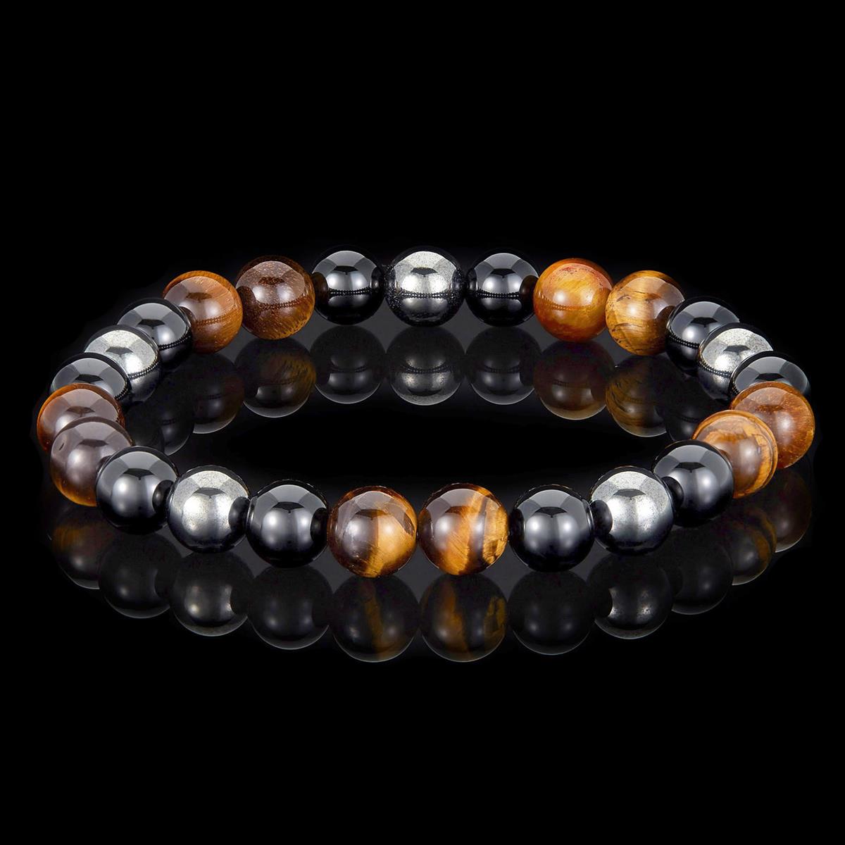 Crucible Jewelry 8mm Bead Stretch Bracelet Featuring Tiger Eye, Shiny Black Onyx and Magnetic Hematite