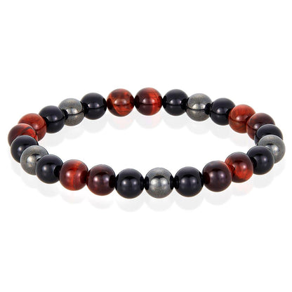 8mm Bead Stretch Bracelet Featuring Red Tiger Eye, Shiny Black Onyx and Magnetic Hematite