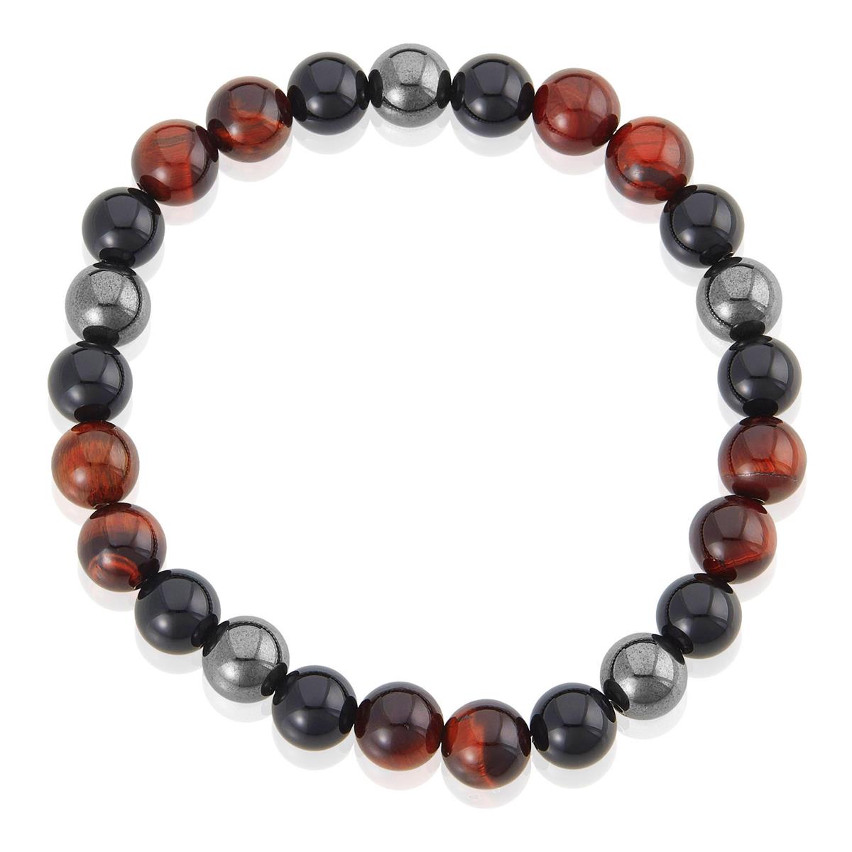 8mm Bead Stretch Bracelet Featuring Red Tiger Eye, Shiny Black Onyx and Magnetic Hematite