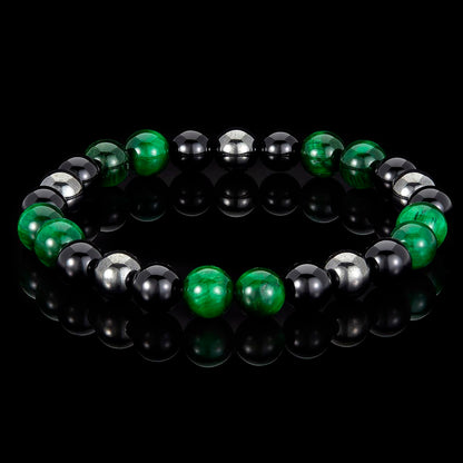 8mm Bead Stretch Bracelet Featuring Green Tiger Eye, Shiny Black Onyx and Magnetic Hematite