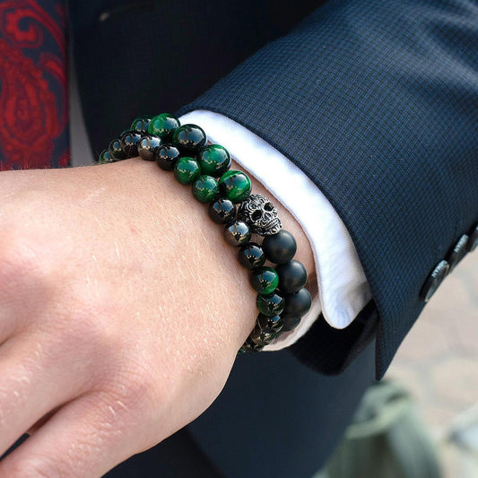 8mm Bead Stretch Bracelet Featuring Green Tiger Eye, Shiny Black Onyx and Magnetic Hematite