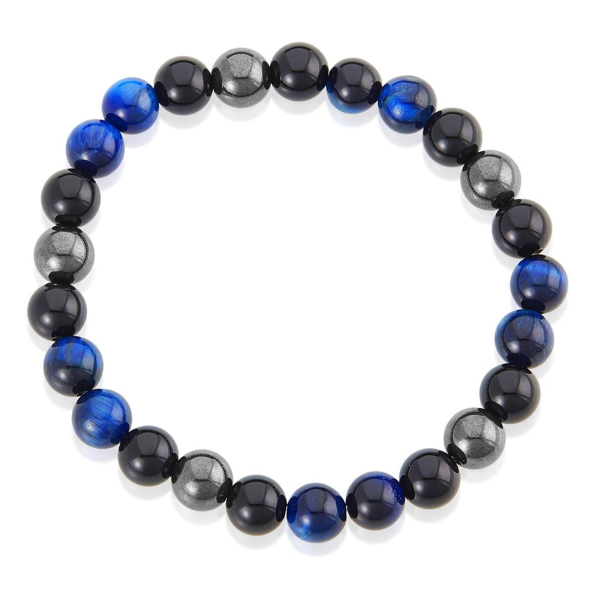 8mm Bead Stretch Bracelet Featuring Blue Tiger Eye, Shiny Black Onyx and Magnetic Hematite