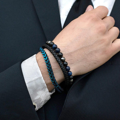 8mm Bead Stretch Bracelet Featuring Blue Tiger Eye, Shiny Black Onyx and Magnetic Hematite