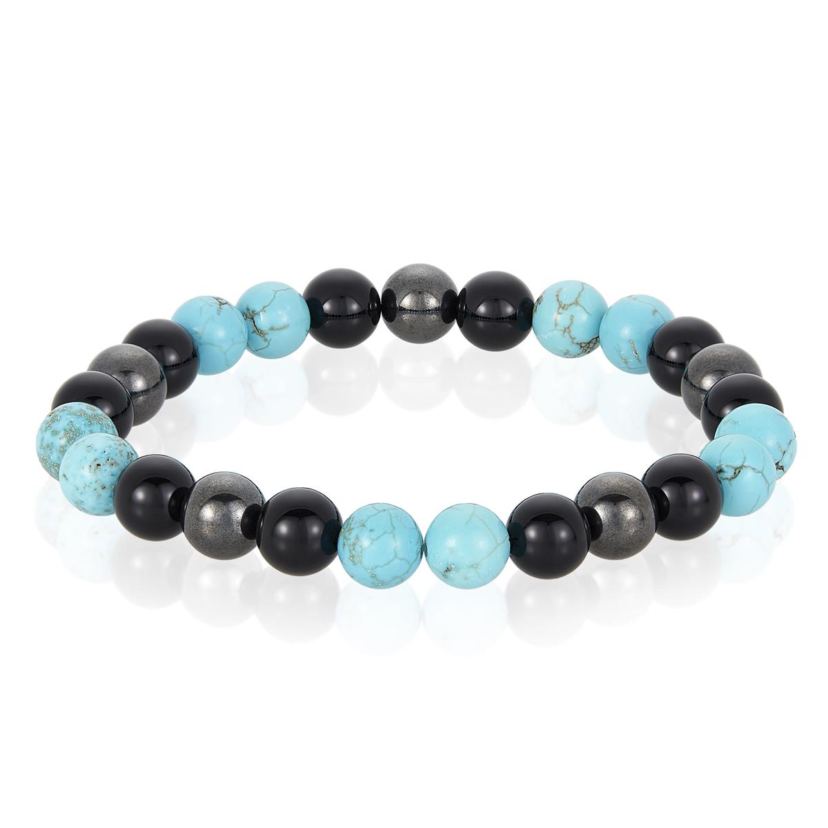 Crucible Jewelry 8mm Bead Stretch Bracelet Featuring Turquoise, Shiny Black Onyx and Magnetic Hematite