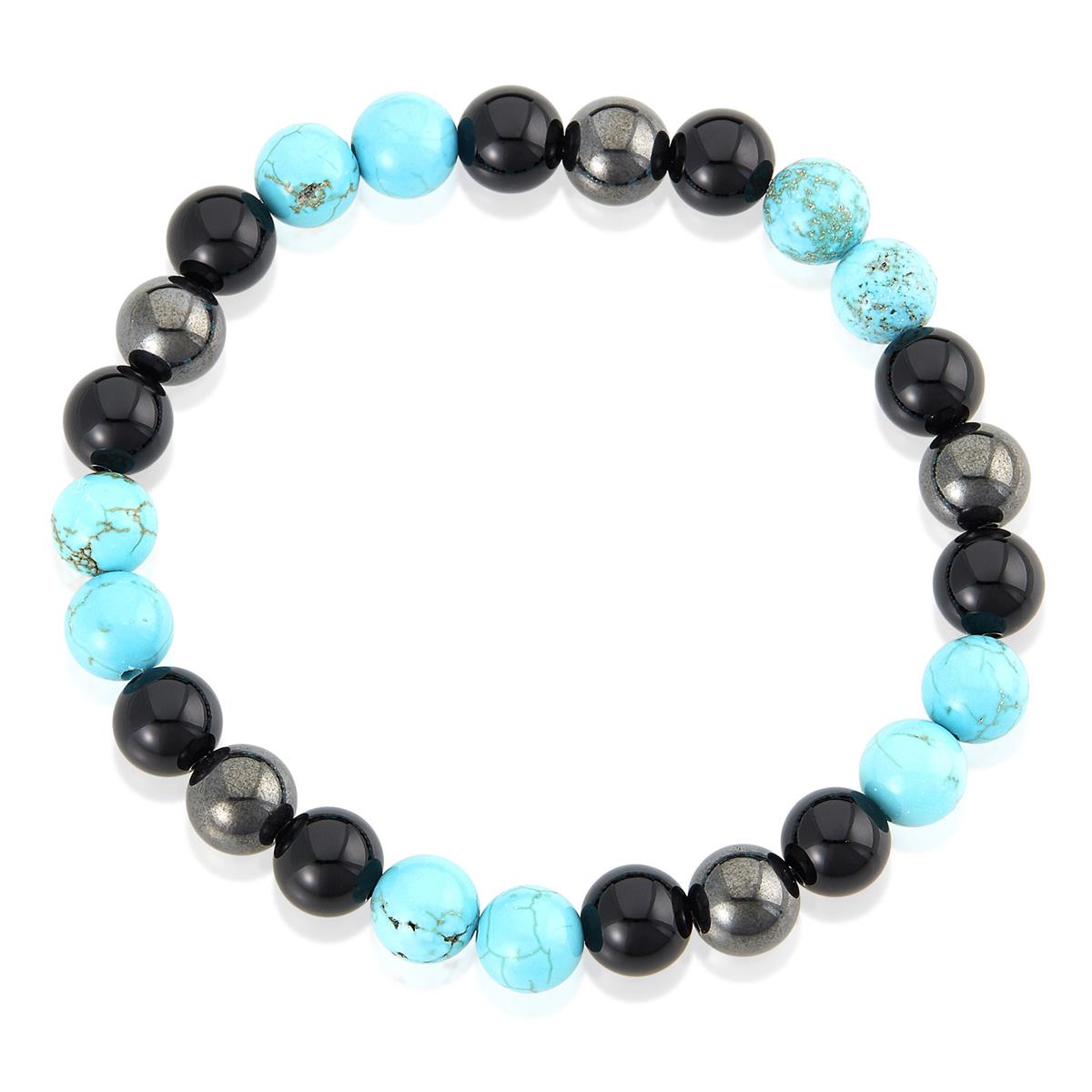 Crucible Jewelry 8mm Bead Stretch Bracelet Featuring Turquoise, Shiny Black Onyx and Magnetic Hematite