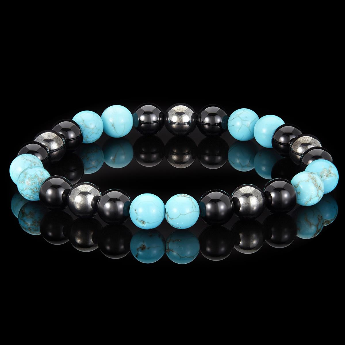 Crucible Jewelry 8mm Bead Stretch Bracelet Featuring Turquoise, Shiny Black Onyx and Magnetic Hematite