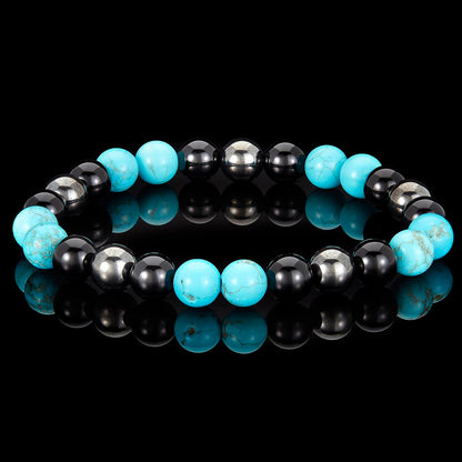 Crucible Jewelry 8mm Bead Stretch Bracelet Featuring Turquoise, Shiny Black Onyx and Magnetic Hematite