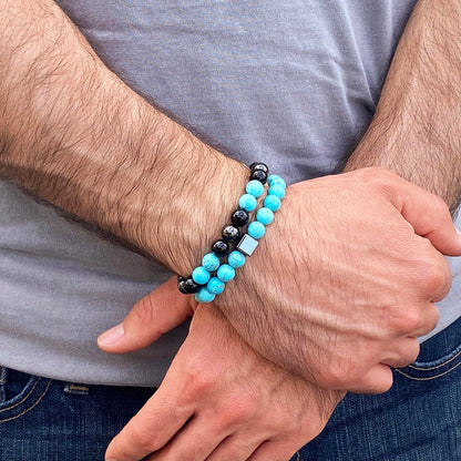 8mm Bead Stretch Bracelet Featuring Turquoise, Shiny Black Onyx and Magnetic Hematite