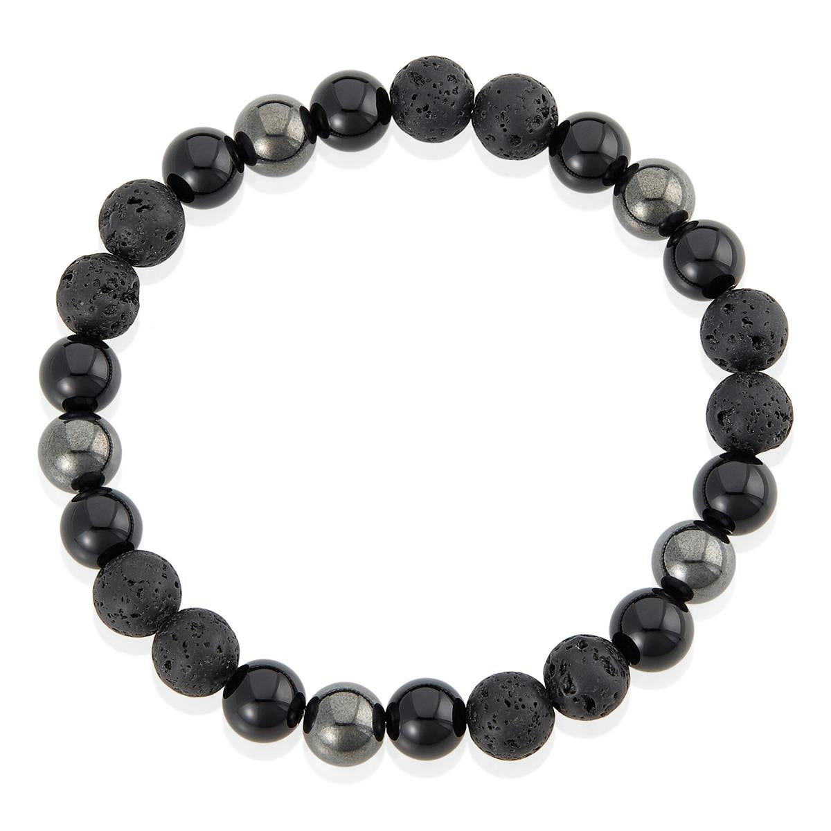 8mm Bead Stretch Bracelet Featuring Lava, Shiny Black Onyx and Magnetic Hematite