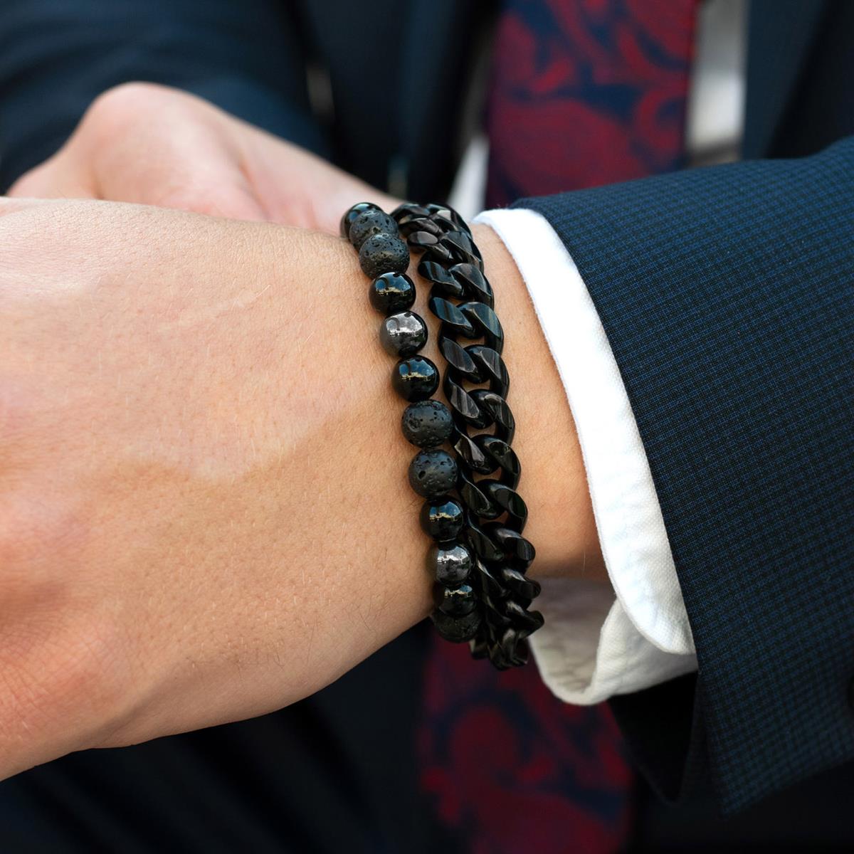 8mm Bead Stretch Bracelet Featuring Lava, Shiny Black Onyx and Magnetic Hematite