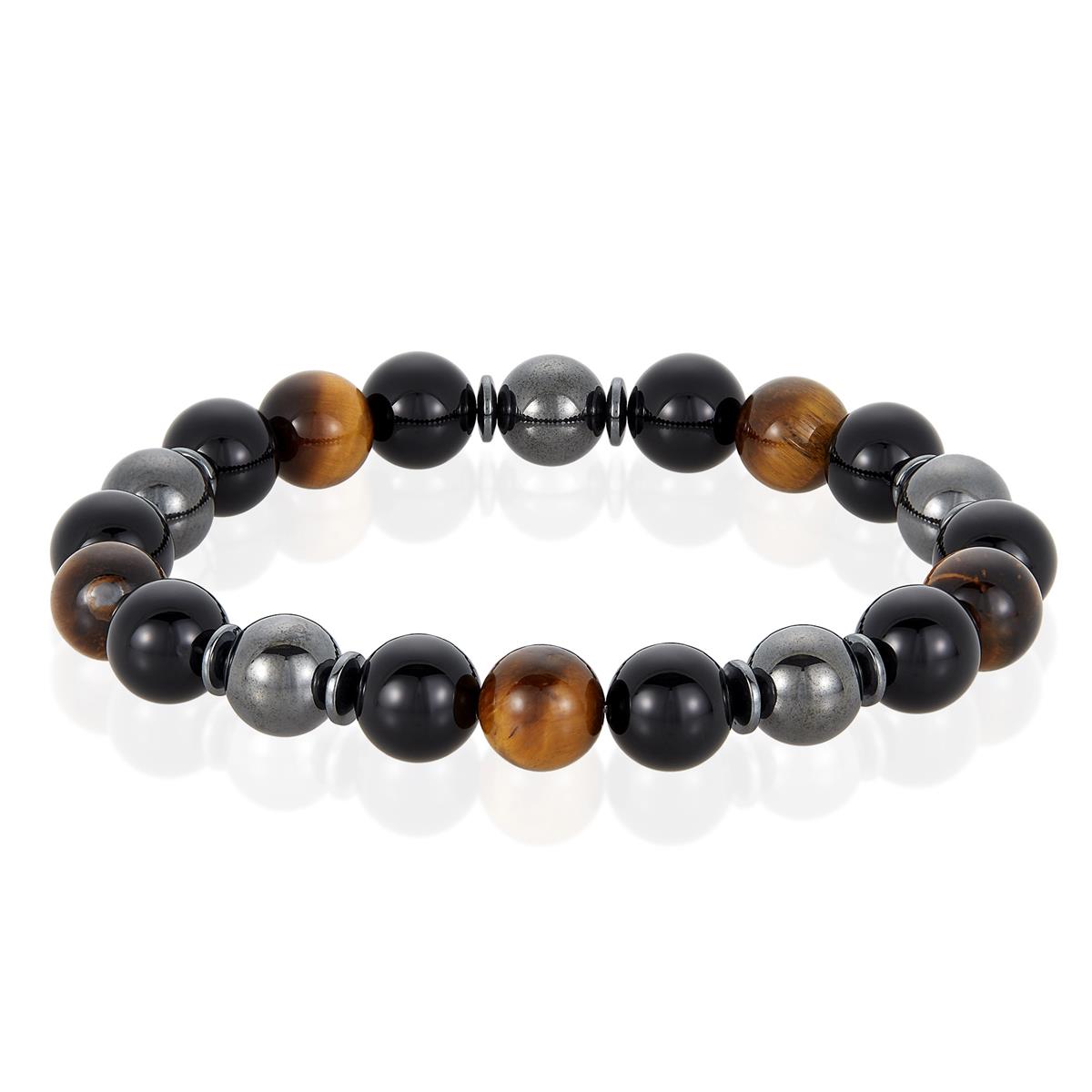 10mm Bead Stretch Bracelet Featuring Tiger Eye, Shiny Black Onyx and Magnetic Hematite