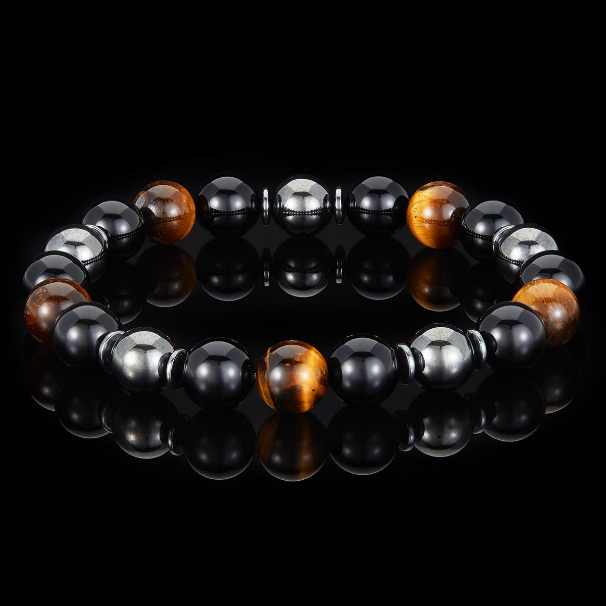 10mm Bead Stretch Bracelet Featuring Tiger Eye, Shiny Black Onyx and Magnetic Hematite