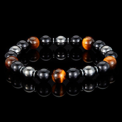 10mm Bead Stretch Bracelet Featuring Tiger Eye, Shiny Black Onyx and Magnetic Hematite