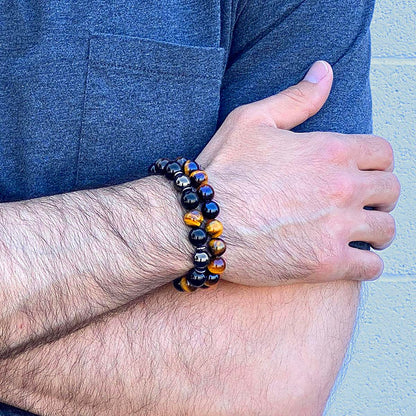 10mm Bead Stretch Bracelet Featuring Tiger Eye, Shiny Black Onyx and Magnetic Hematite