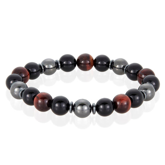 10mm Bead Stretch Bracelet Featuring Red Tiger Eye, Shiny Black Onyx and Magnetic Hematite