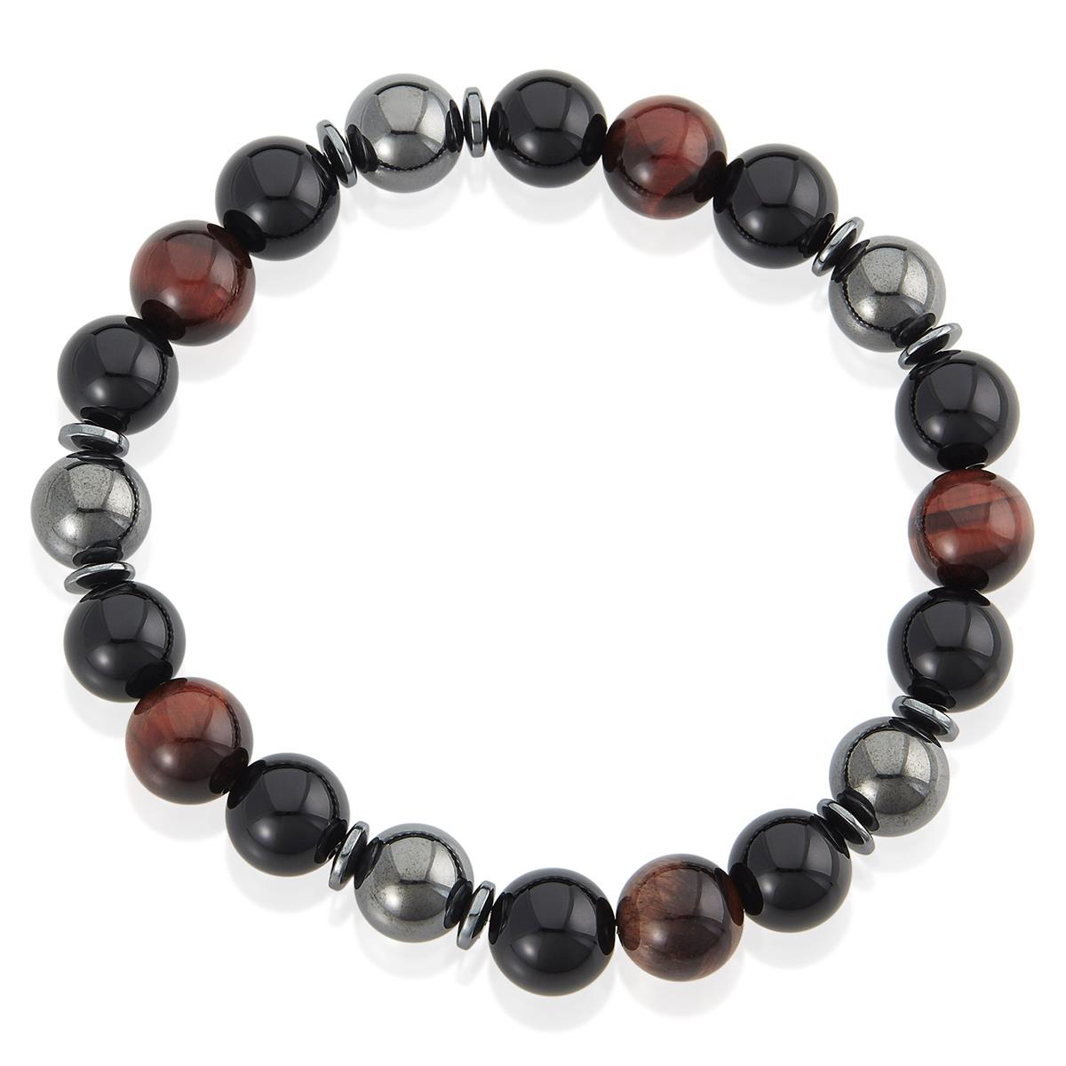 10mm Bead Stretch Bracelet Featuring Red Tiger Eye, Shiny Black Onyx and Magnetic Hematite