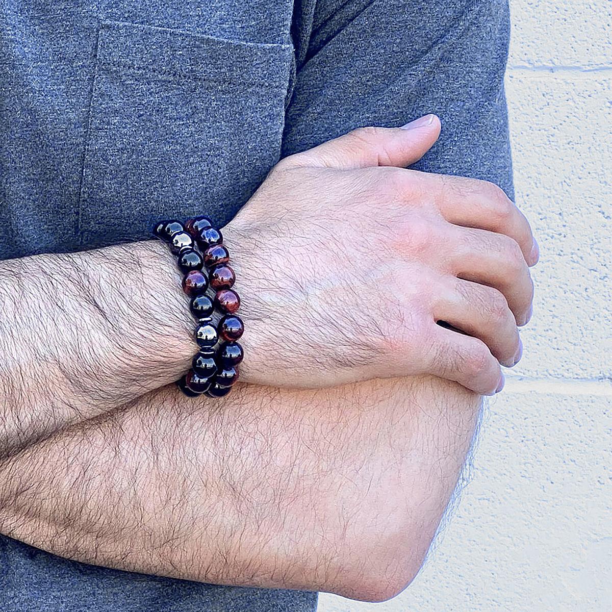 10mm Bead Stretch Bracelet Featuring Red Tiger Eye, Shiny Black Onyx and Magnetic Hematite