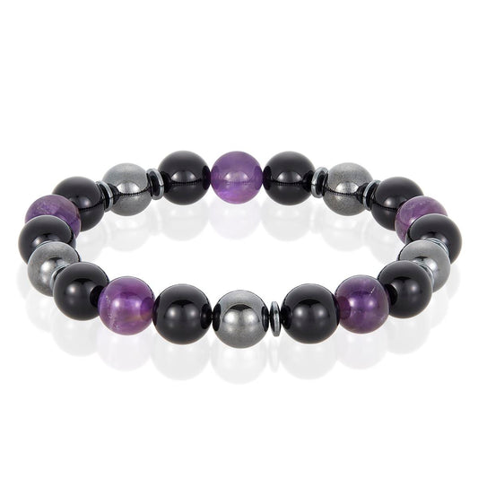 10mm Bead Stretch Bracelet Featuring Amethyst, Shiny Black Onyx and Magnetic Hematite