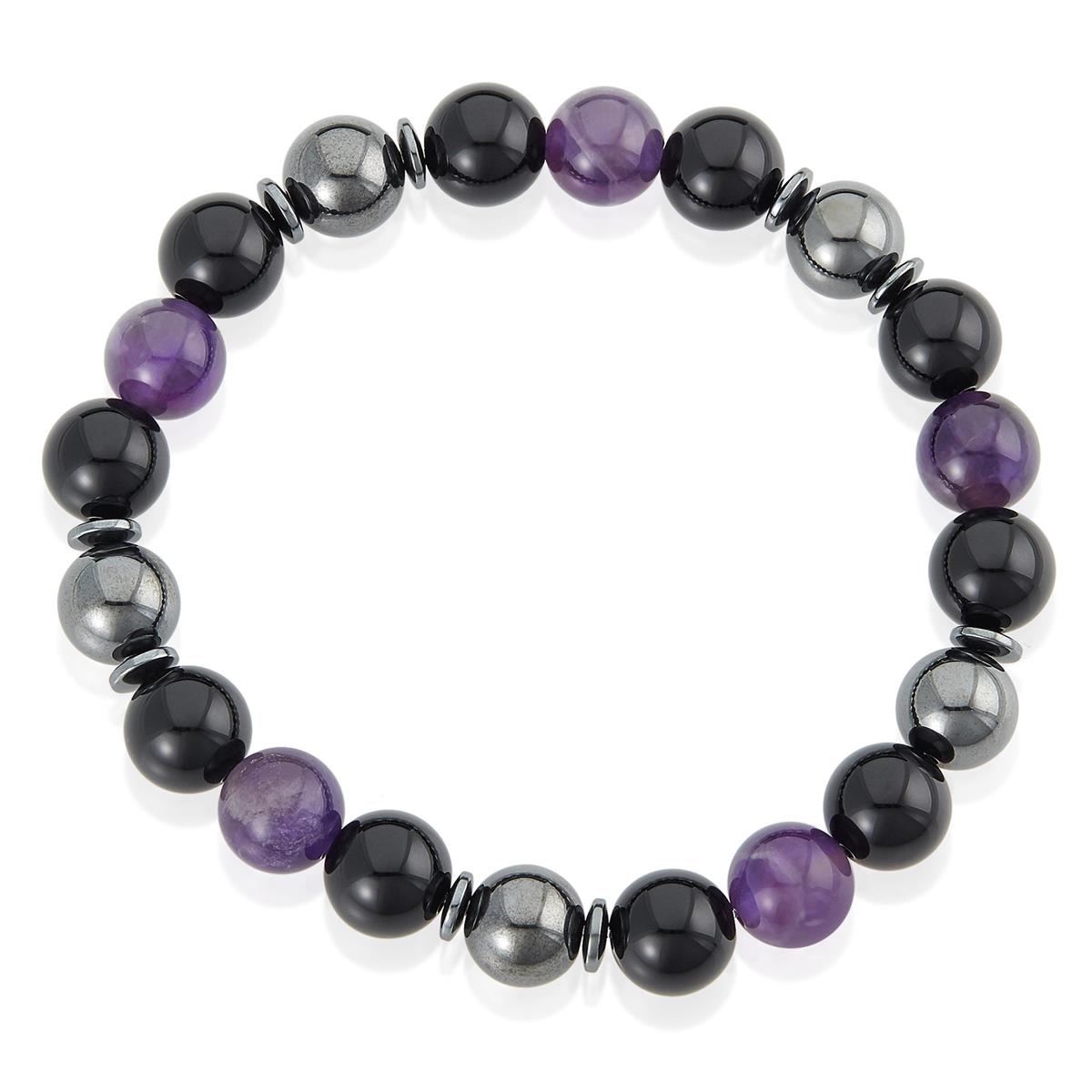 10mm Bead Stretch Bracelet Featuring Amethyst, Shiny Black Onyx and Magnetic Hematite