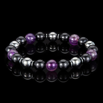 10mm Bead Stretch Bracelet Featuring Amethyst, Shiny Black Onyx and Magnetic Hematite