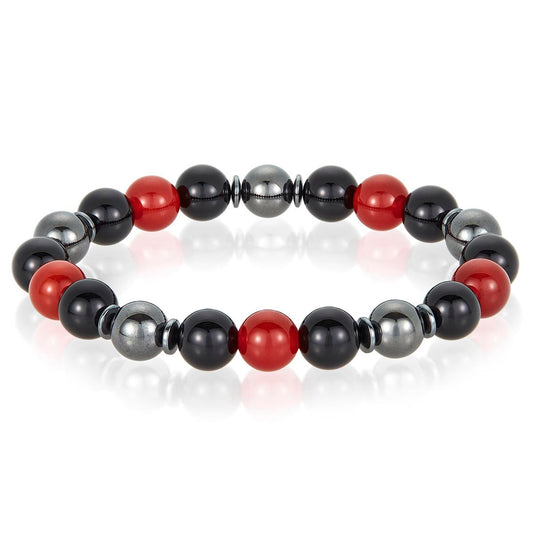 10mm Bead Stretch Bracelet Featuring Red Agate, Shiny Black Onyx and Magnetic Hematite