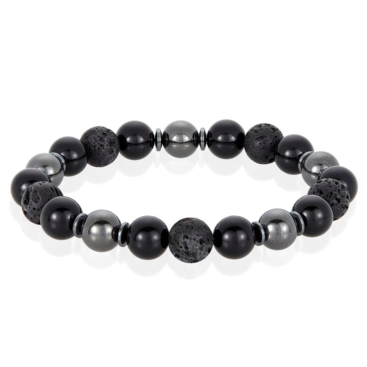 10mm Bead Stretch Bracelet Featuring Lava, Shiny Black Onyx and Magnetic Hematite